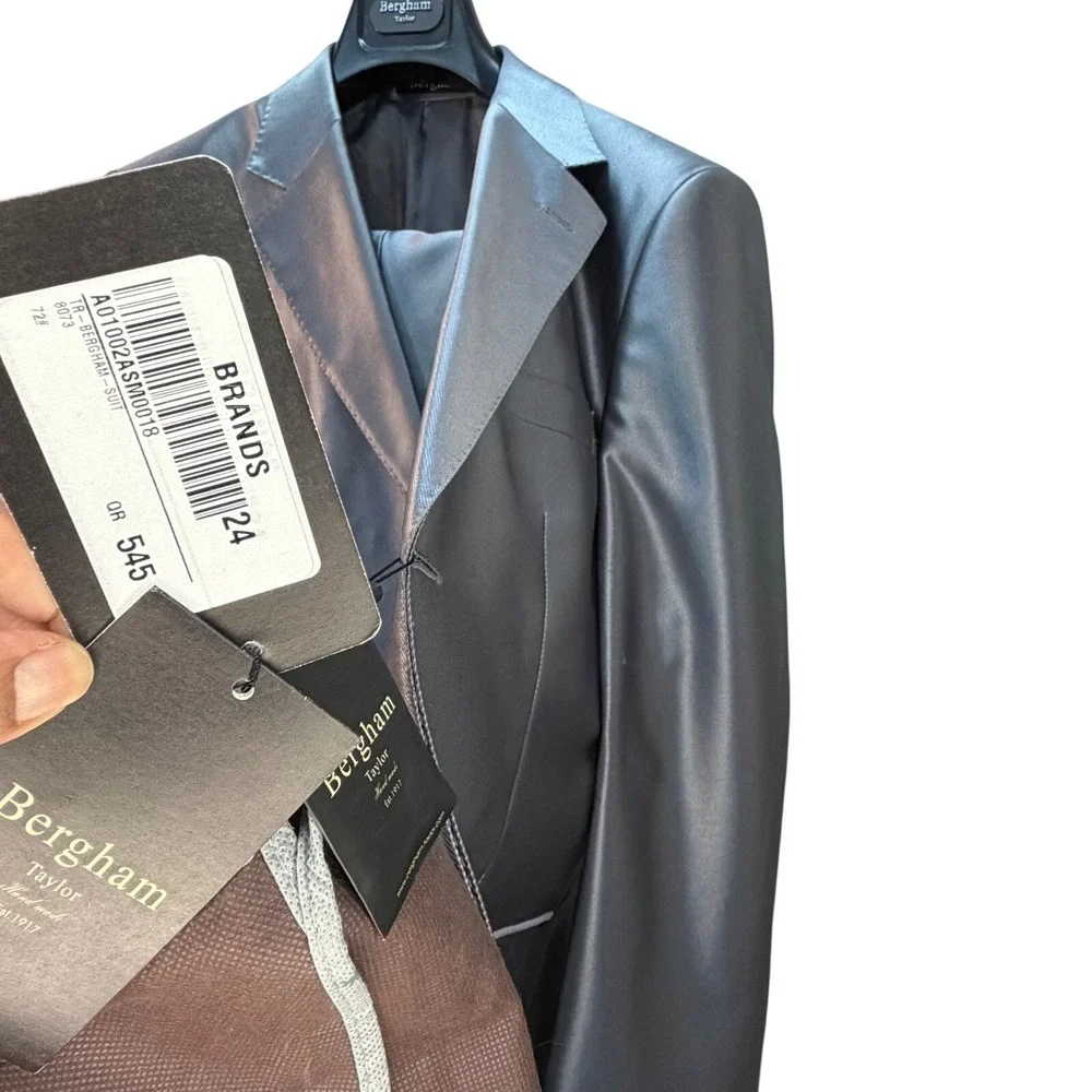 Bergham Taylor Made in Italy Metallic Silver Suit Set Blazer & Dress Slacks  NWT